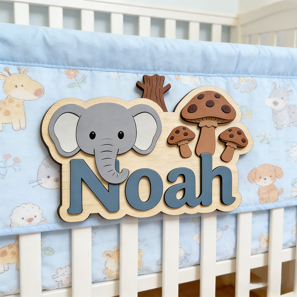 Baby Nursery Forest Theme - Aanpasbare cartoon olifant & paddenstoel naamplaatje