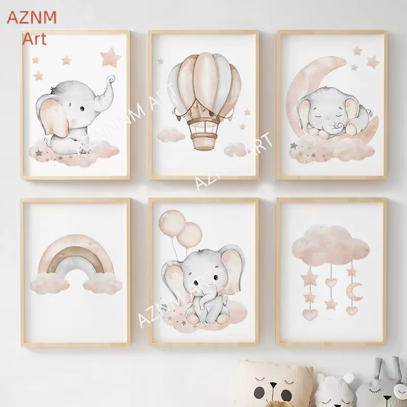 Baby Nursery Things - Olifant Ballon Regenboog Maan Sterren Wolk