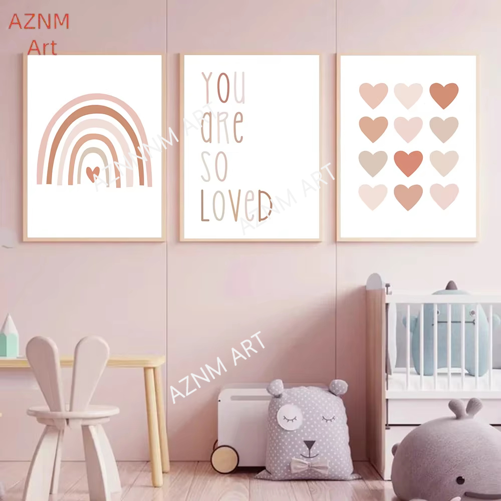 Baby Nursery Paintings - 1/3PCS, cartoon hart regenboog roze muur