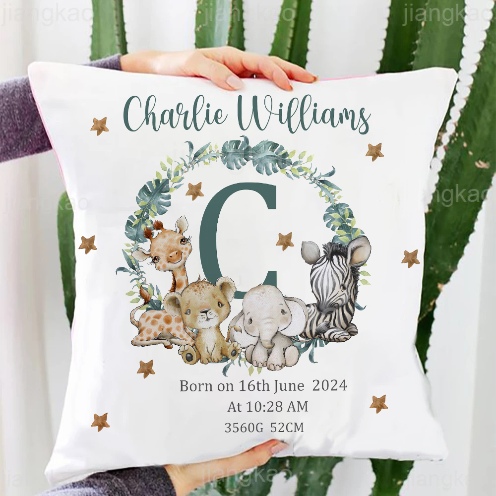 Baby Nursery Cushion - Gepersonaliseerde Safari Dier Met Naam Kussensloop