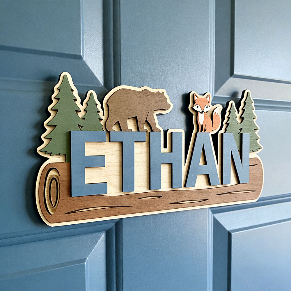 Baby Nursery Toy - Bosdieren gepersonaliseerd houten bord met naam,