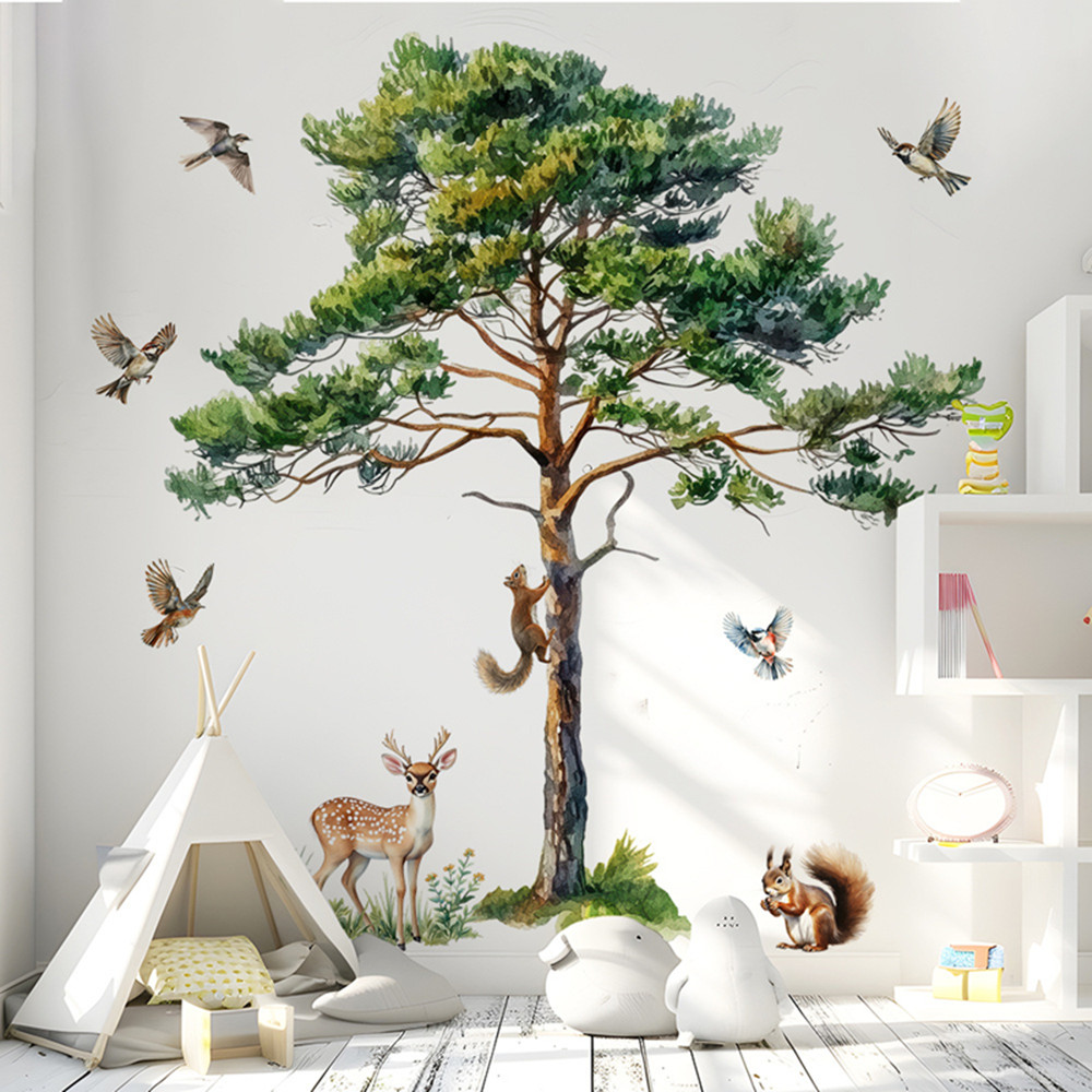 Baby Nursery Labels - Grote dennenhouten wandstickers met eekhoorn, herten
