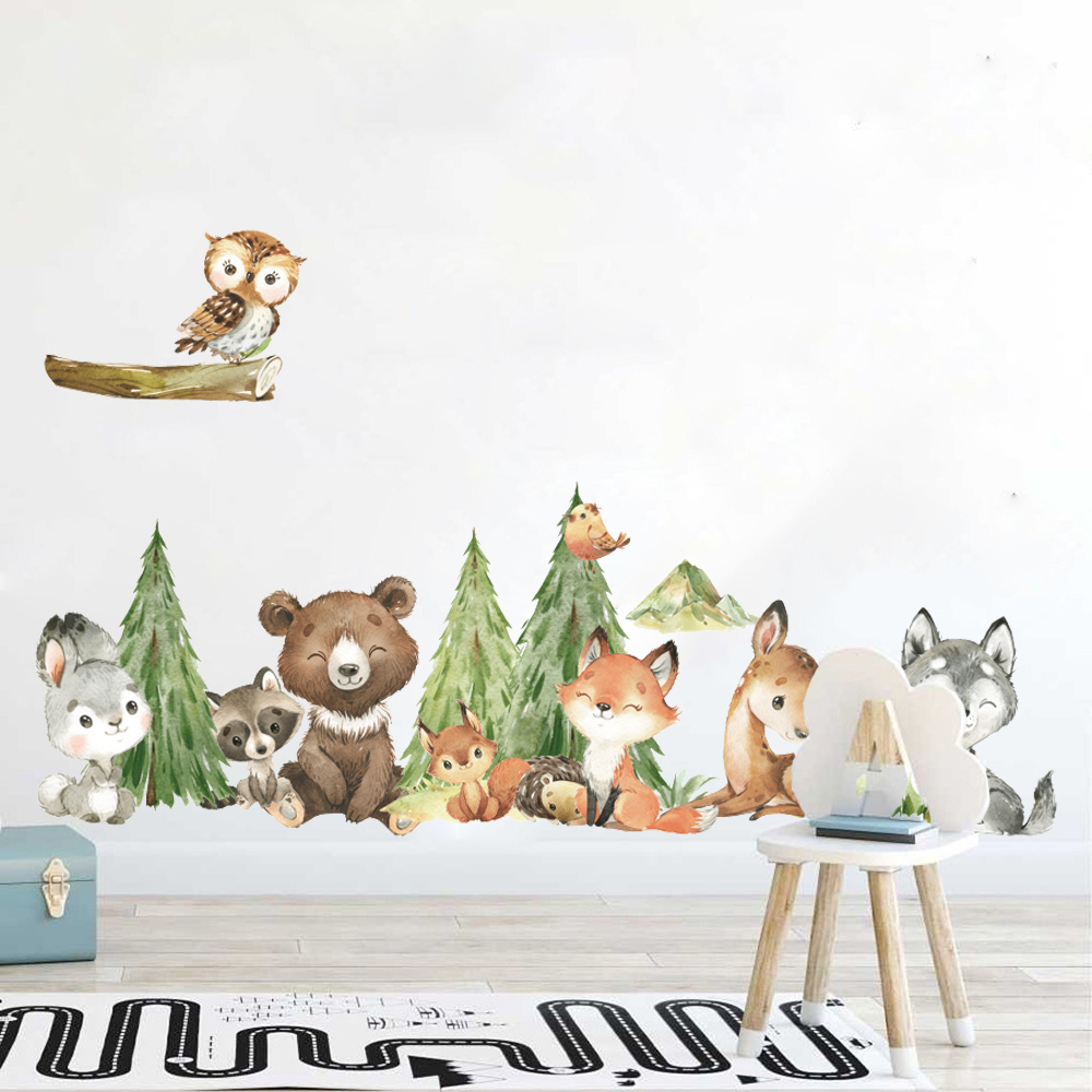Baby Nursery Labels - Cartoon aquarel bos dier muursticker kinderkamer