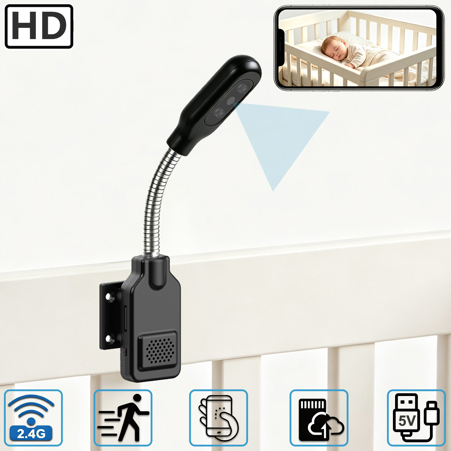 Baby Nursery Camera - Flexibele zwanenhals baby- en huisdiermonitorcamera, WiFi-beveiligingscamera