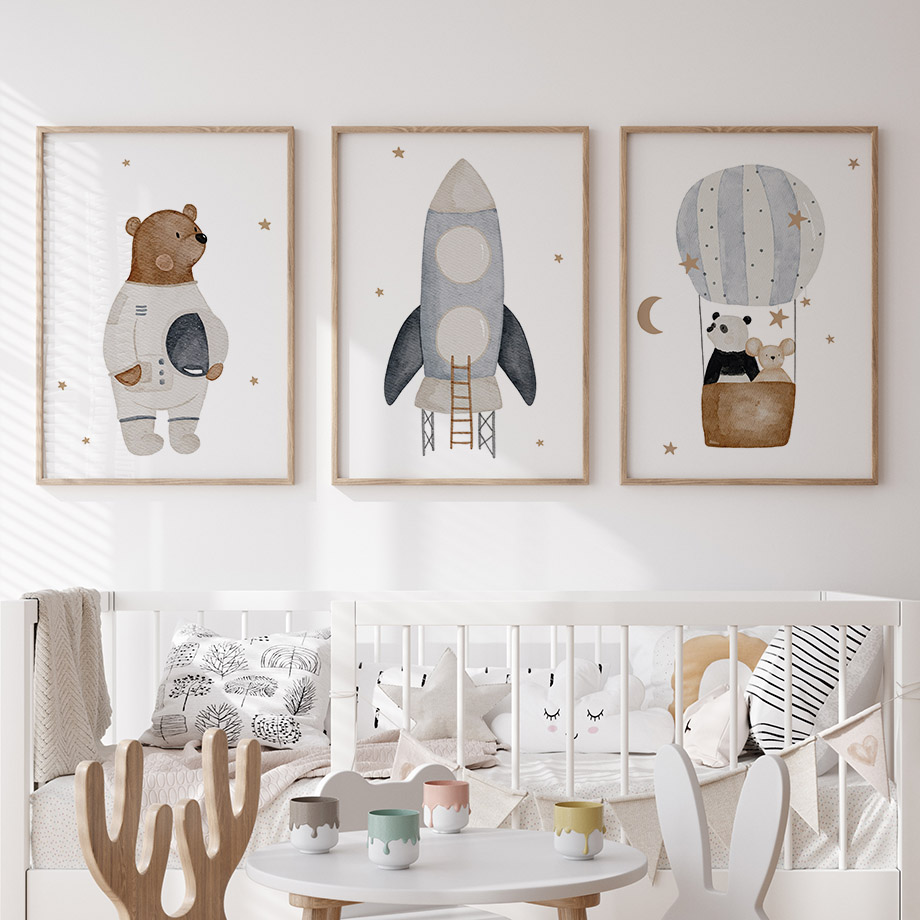 Baby Nursery Paintings - Boho Space Rocket Bear Panda Mouse
