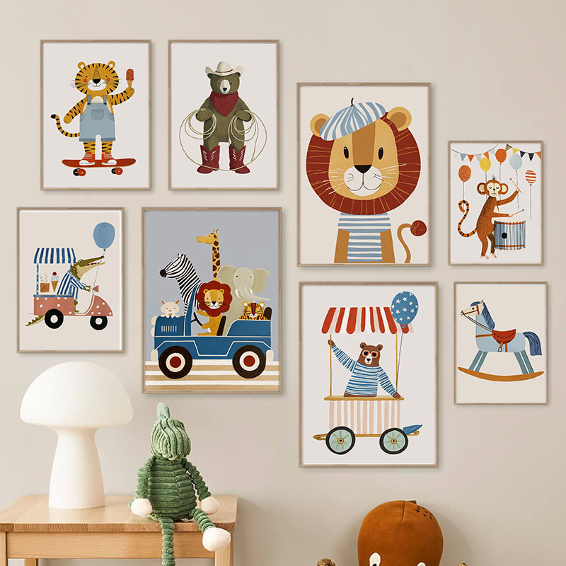 Baby Nursery Paintings - Grappige cartoon dieren auto ballon kinderkamer