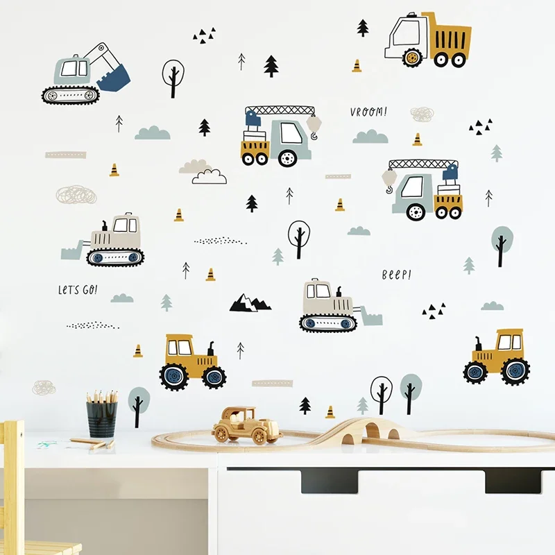 Baby Nursery Labels - Handgetekende schattige auto's vrachtwagen muurstickers kinderkamer