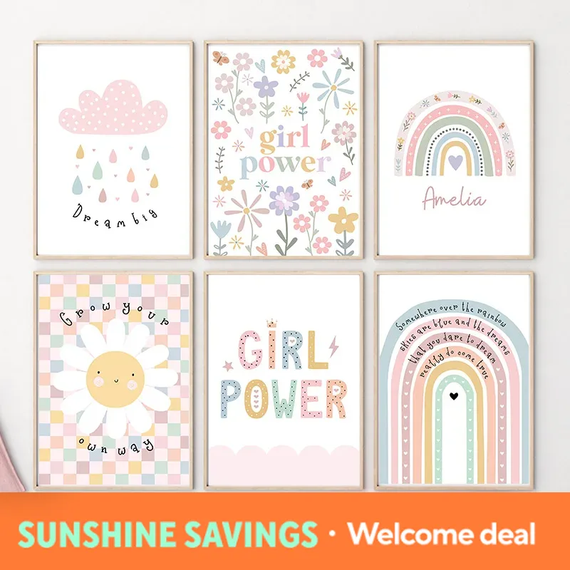 Baby Nursery Paintings - Zon Bloem Regenboog Wolk Hart Kinderkamer