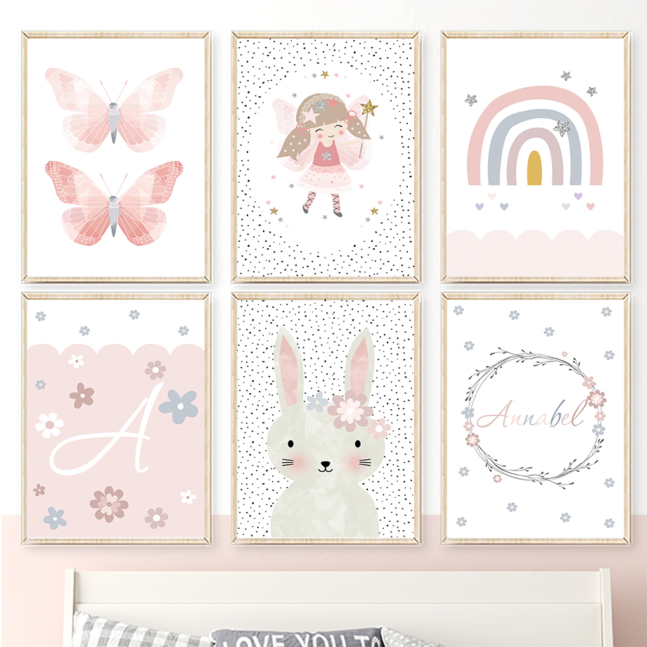 Baby Nursery Paintings - Schattig meisje konijn bloem vlinder regenboog